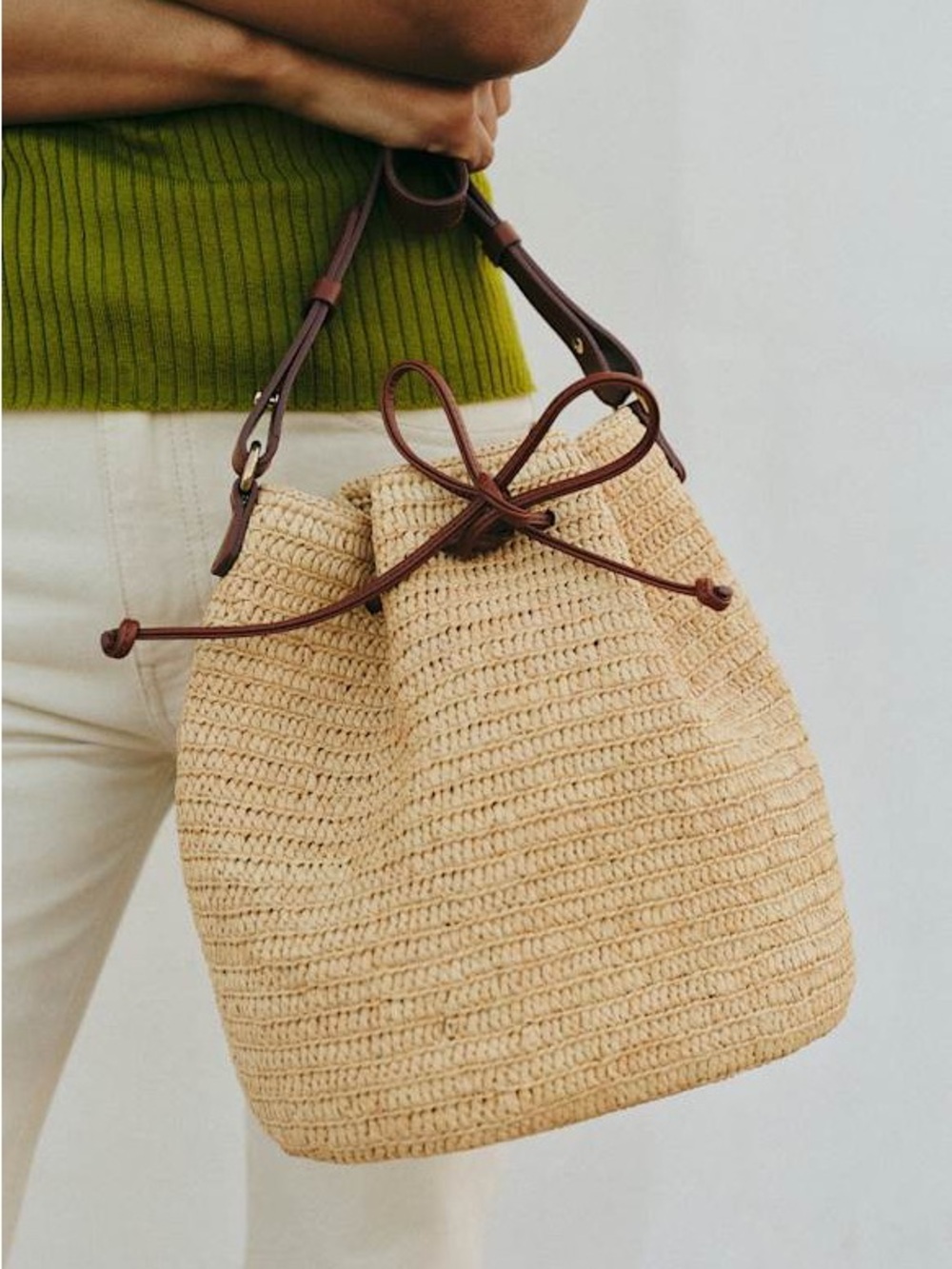 Sezane Farrow Bag Natural Raffia Bucket Bag Leather Strap Paris Summer Woven - Picture 5 of 16